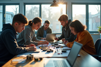 Groupe d'étudiants en ingénierie collaborant sur un projet de robotique