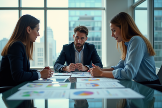 Groupe de professionnels discutant autour d'une table moderne