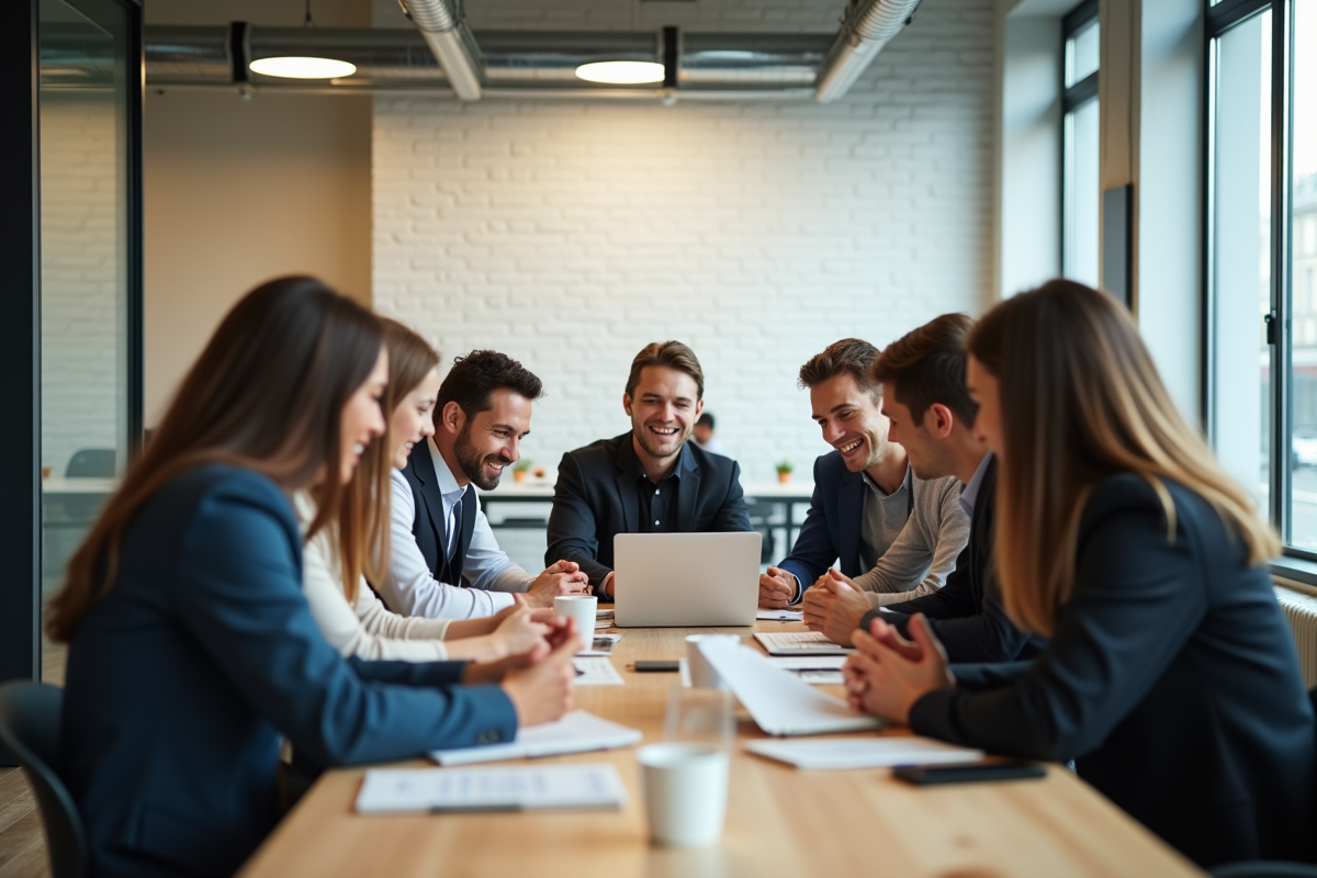 Groupe de jeunes professionnels collaborant dans un espace de coworking lumineux