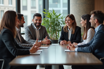 Groupe de professionnels souriants dans un bureau moderne