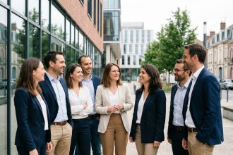 Groupe de professionnels divers à Valenciennes devant un bâtiment moderne