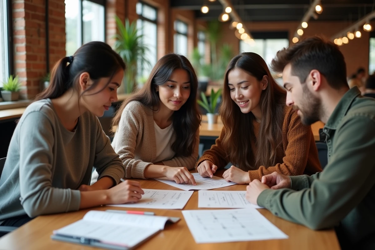 Groupe d'adultes révisant ensemble des exemples de questions TOEIC dans un espace de coworking