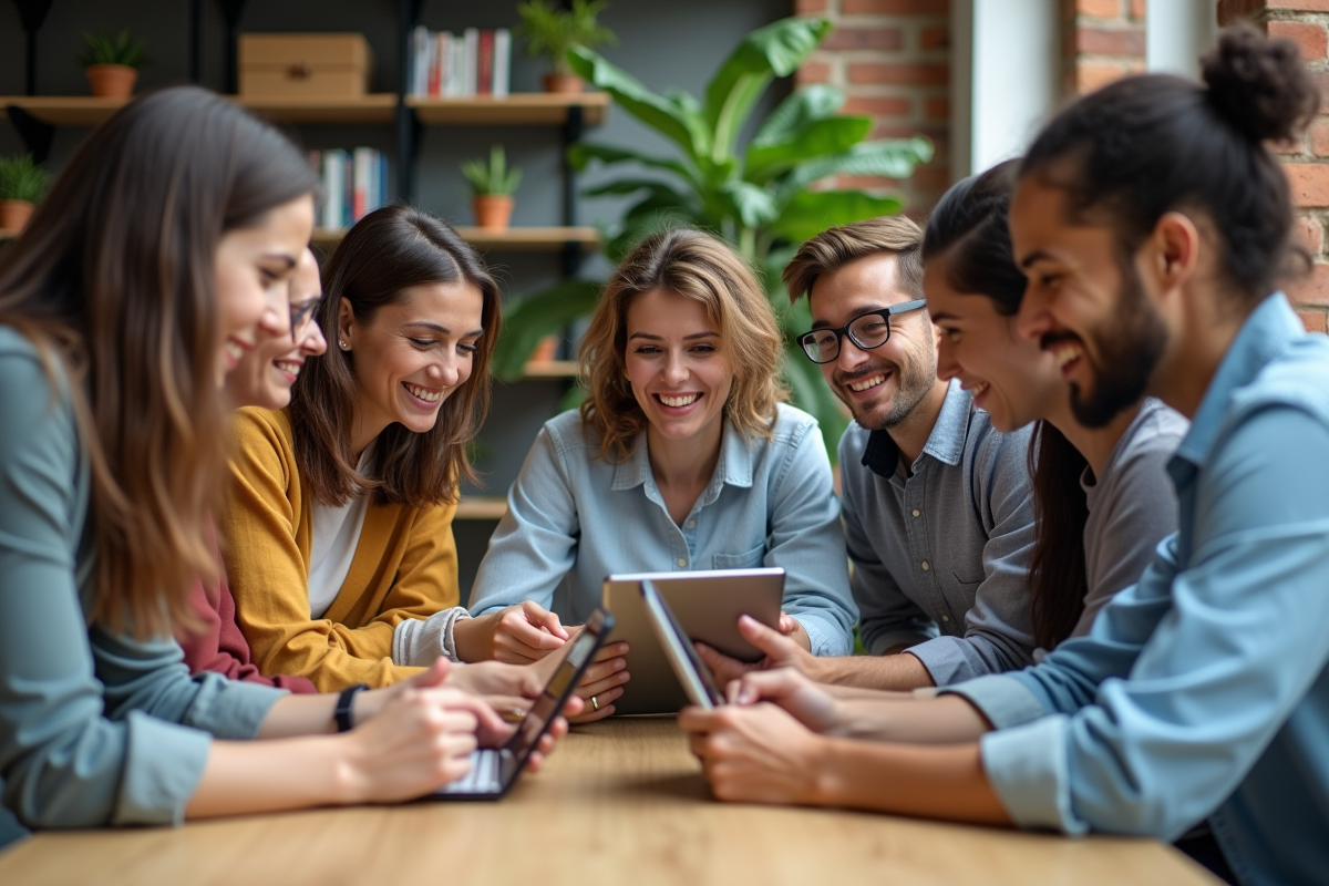 Groupe diversifié en atelier de social selling