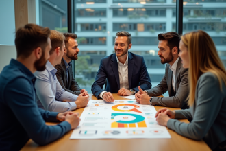 Groupe d'adultes discutant autour d'une infographie innovation