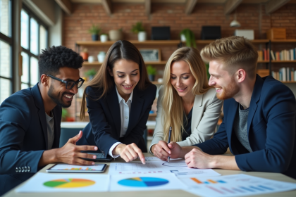 Groupe de jeunes professionnels discutant stratégies marketing