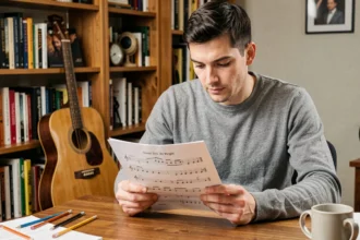 Guitariste lisant une tablature imprimée de Let It Be sur une feuille de papier posée sur un bureau en bois