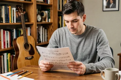 Guitariste lisant une tablature imprimée de Let It Be sur une feuille de papier posée sur un bureau en bois
