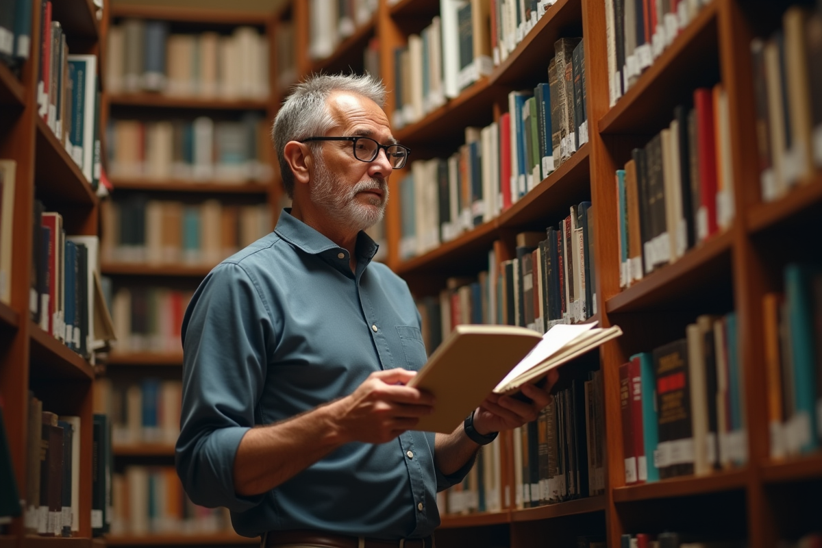 Homme recherchant un livre dans une bibliothèque