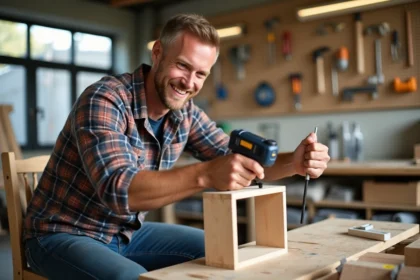 Homme souriant assemble une étagère en bois dans un atelier lumineux