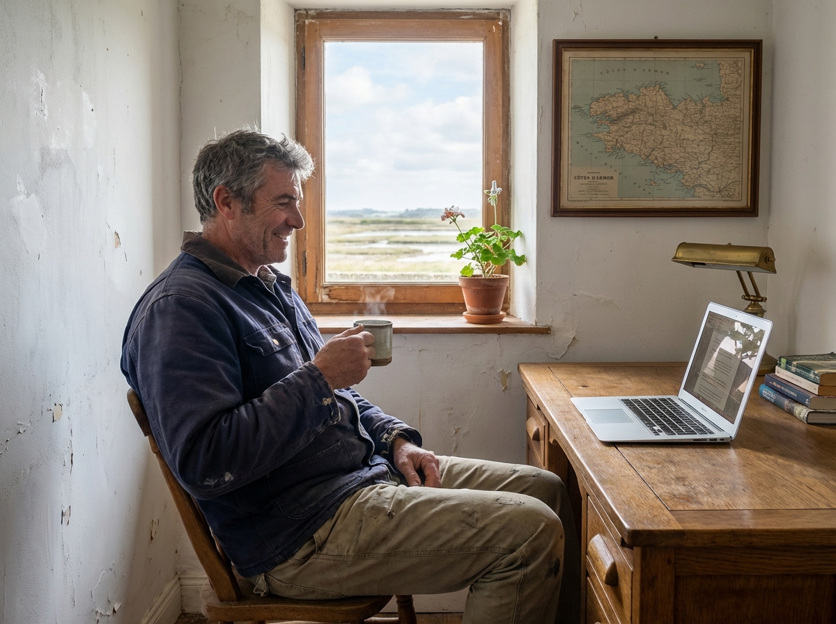 Homme dans un bureau breton avec vue sur marais salants