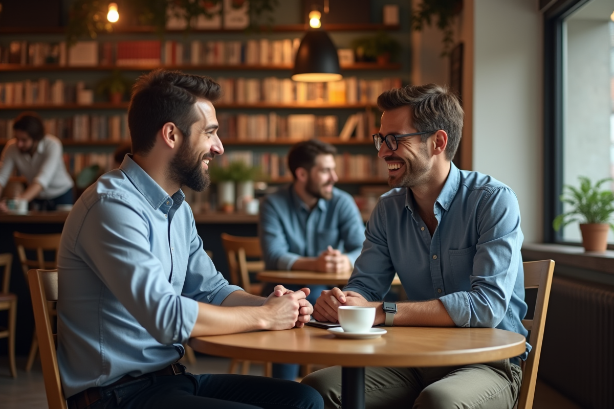 Homme discutant avec un mentor dans un café chaleureux