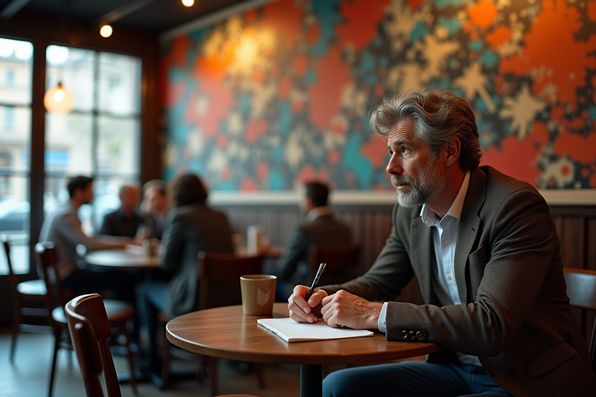 Homme français dans un café contemplant un mural abstrait