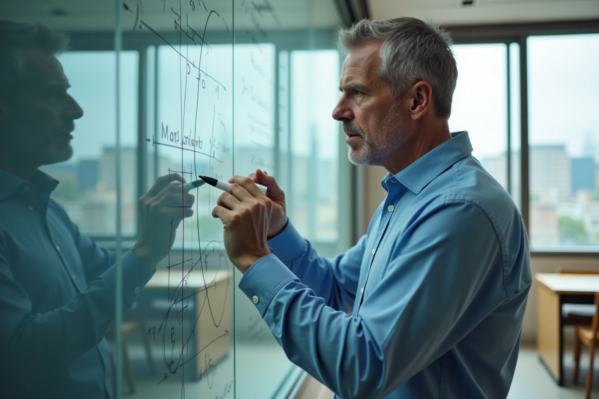 Homme en chemise bleue dessinant des identités trigonométriques