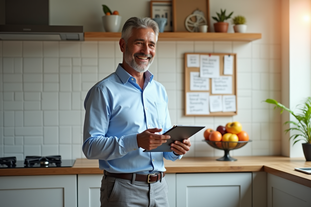 Homme en chemise bleue pratiquant son entretien dans la cuisine
