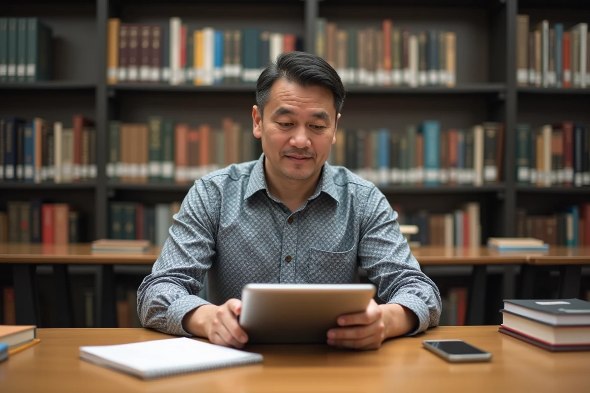 Homme lisant un test de memoire dans une bibliothèque