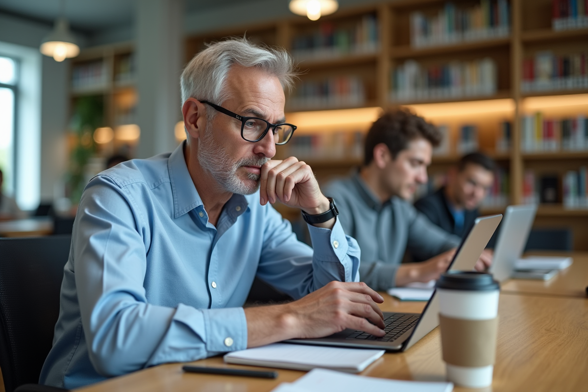 Homme observant une interface no-code dans une bibliothèque moderne