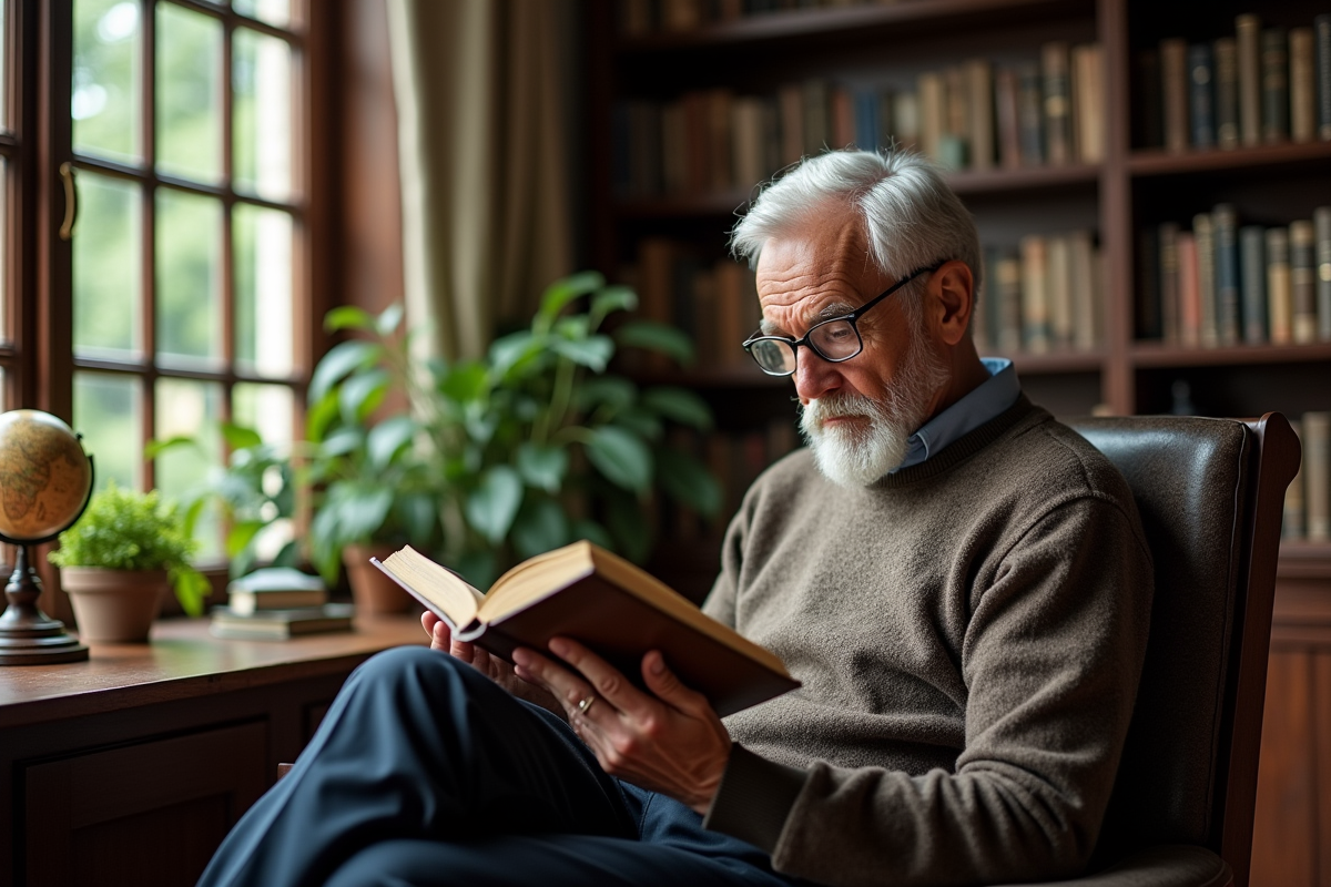 Homme âgé lisant dans une bibliothèque chaleureuse