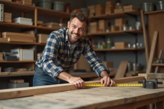 Homme en atelier mesurant un bois avec un mètre ruban