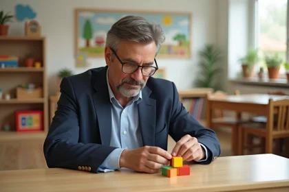 Homme en costume dans une classe Montessori avec blocs colorés