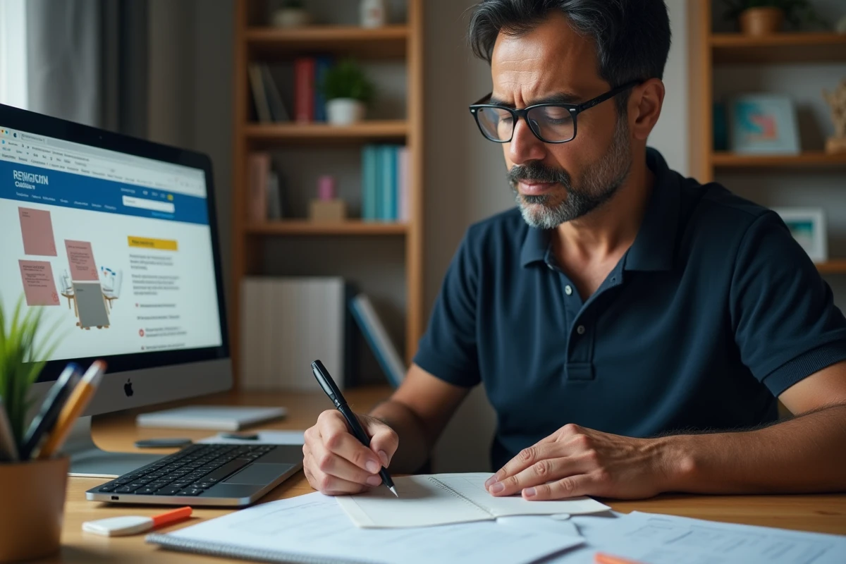 Homme d'origine asiatique planifiant un calendrier de révision sur 30 jours pour préparer les 200 questions du test de naturalisation