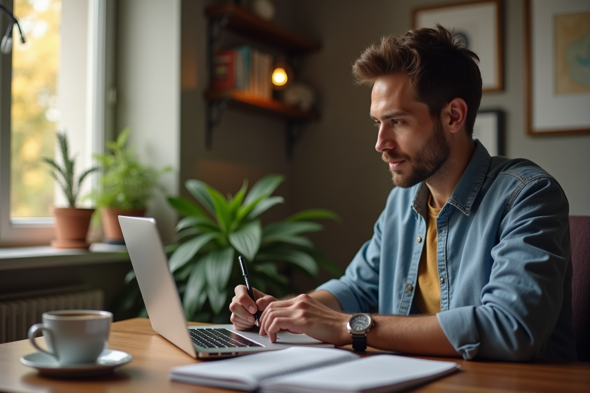 Homme concentré prenant des notes lors d