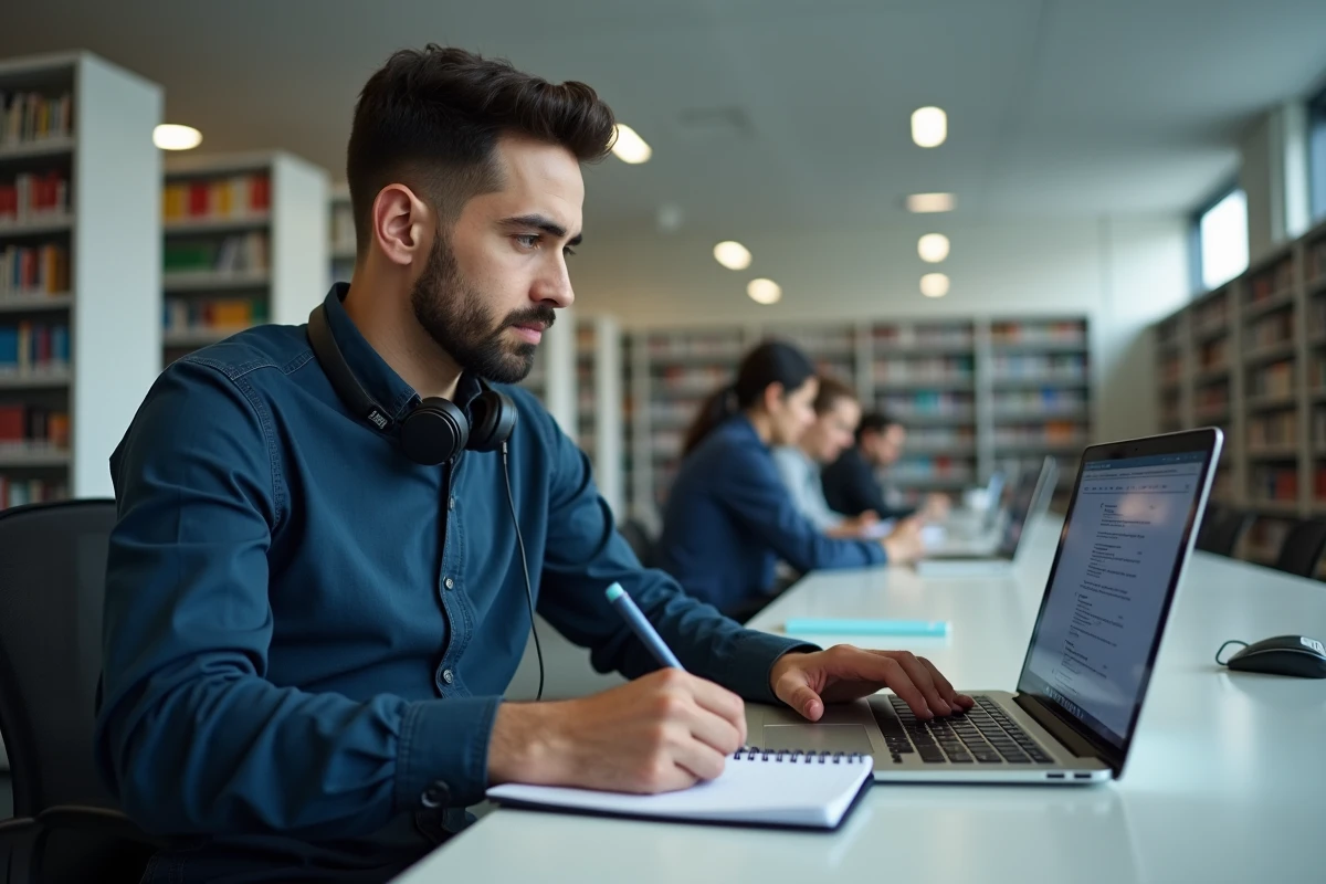 Homme préparant le TOEIC sur ordinateur portable dans une bibliothèque moderne avec des notes manuscrites