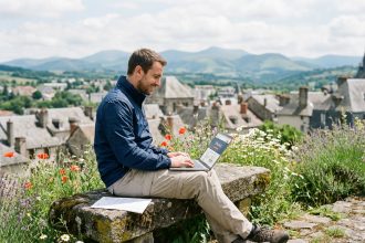 Jeune homme souriant recherchant emploi sur un rocher avec vue sur Aurillac