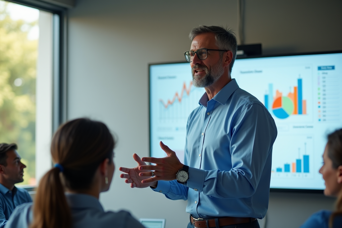 Homme animateur présentant des graphiques financiers