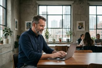 Homme d'âge moyen travaillant dans un espace coworking moderne