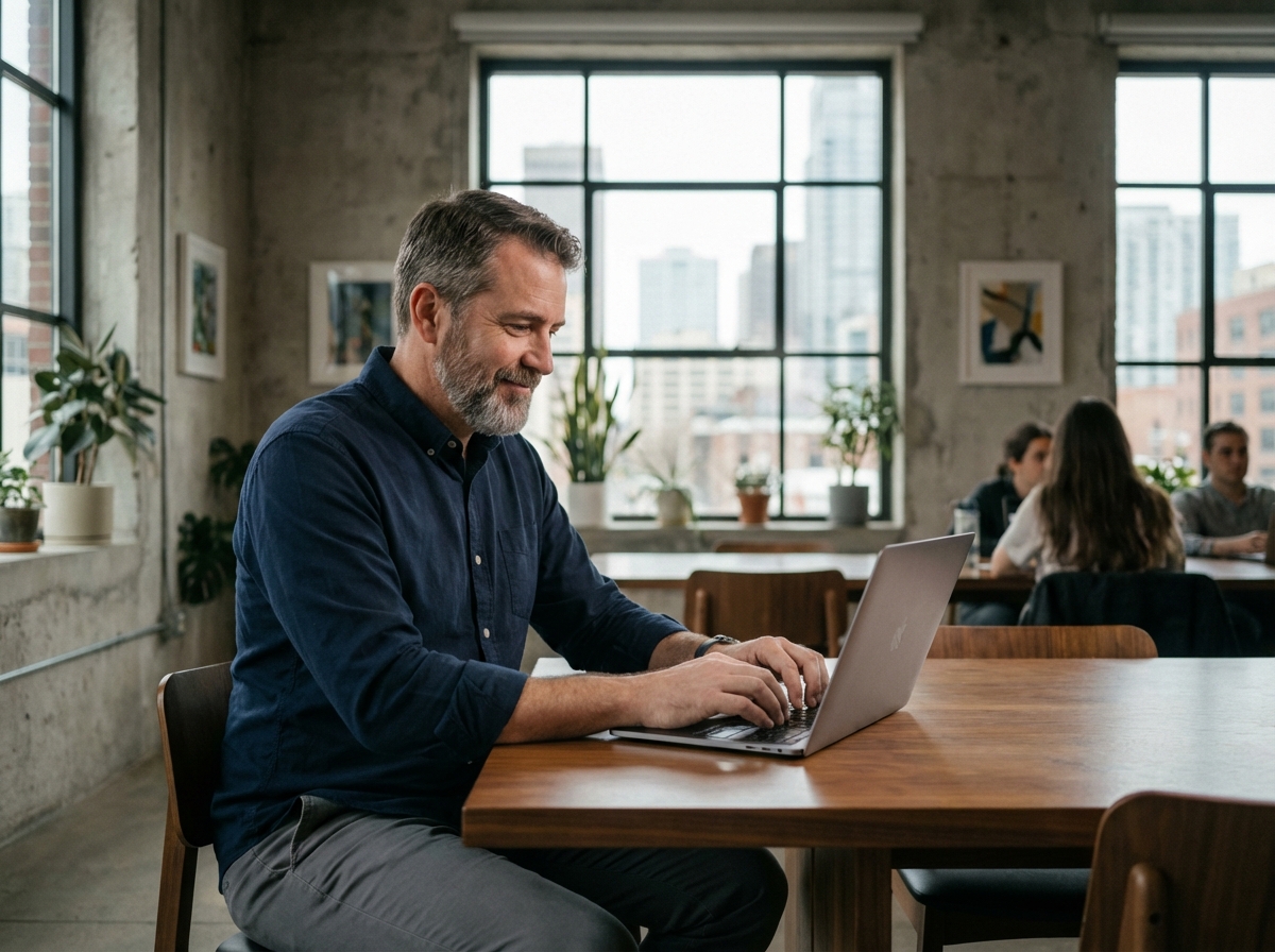 Homme d'âge moyen travaillant dans un espace coworking moderne