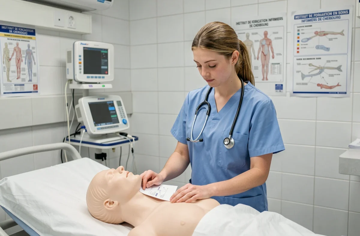 Étudiante infirmière en simulation clinique à l'IFSI de Cherbourg