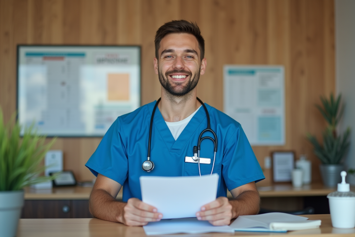 Jeune infirmier en blouse bleue consulte des dossiers