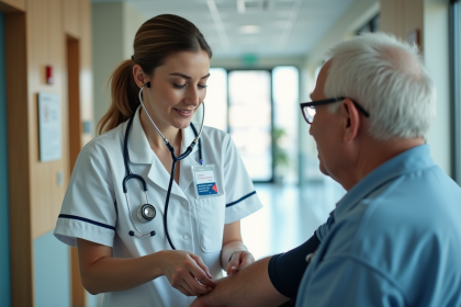 Infirmière soignante écoute un patient âgé dans un hôpital