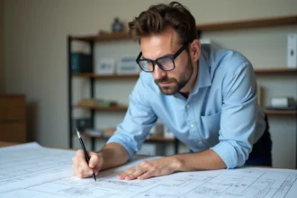 Ingénieur électricien annotant des schémas électriques avec des symboles de disjoncteur sur une table à dessin