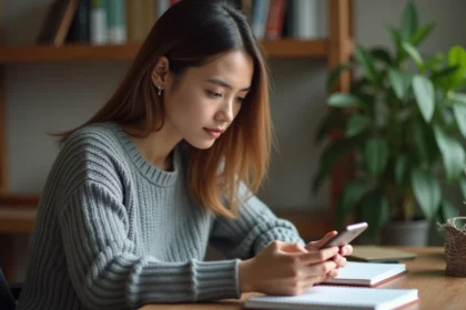 Jeune femme installant une application ENT sur smartphone Android à son bureau