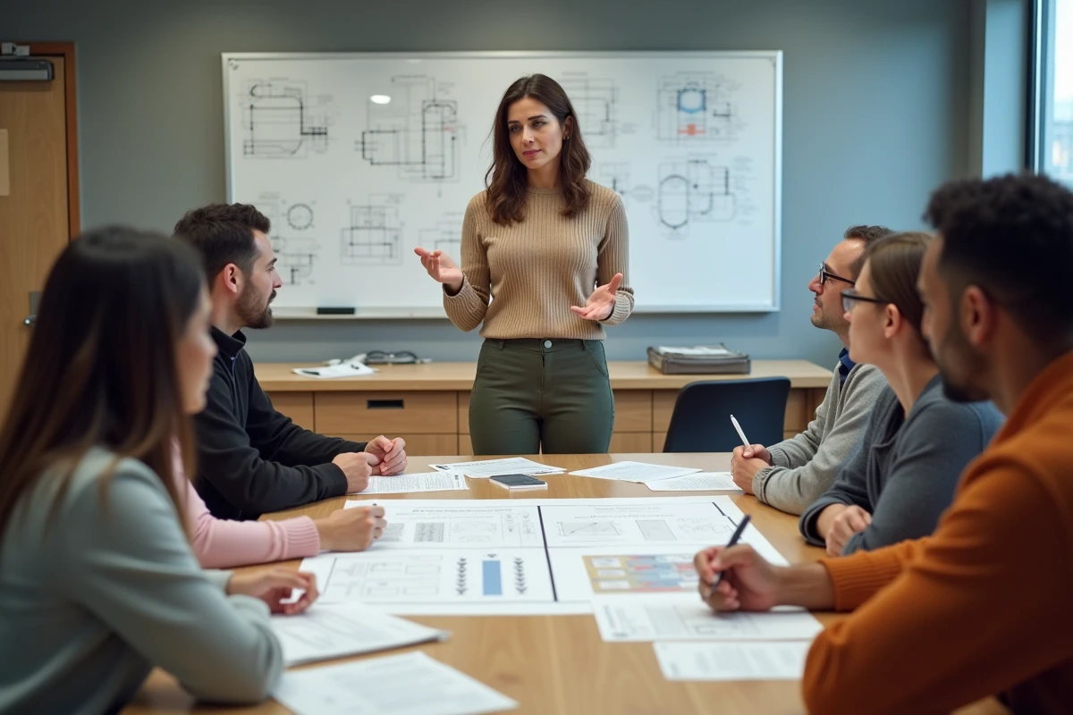 Femme instructrice expliquant un schéma électrique à des stagiaires