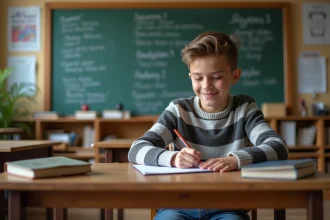 Adolescent en classe écrivant en espagnol avec sourire