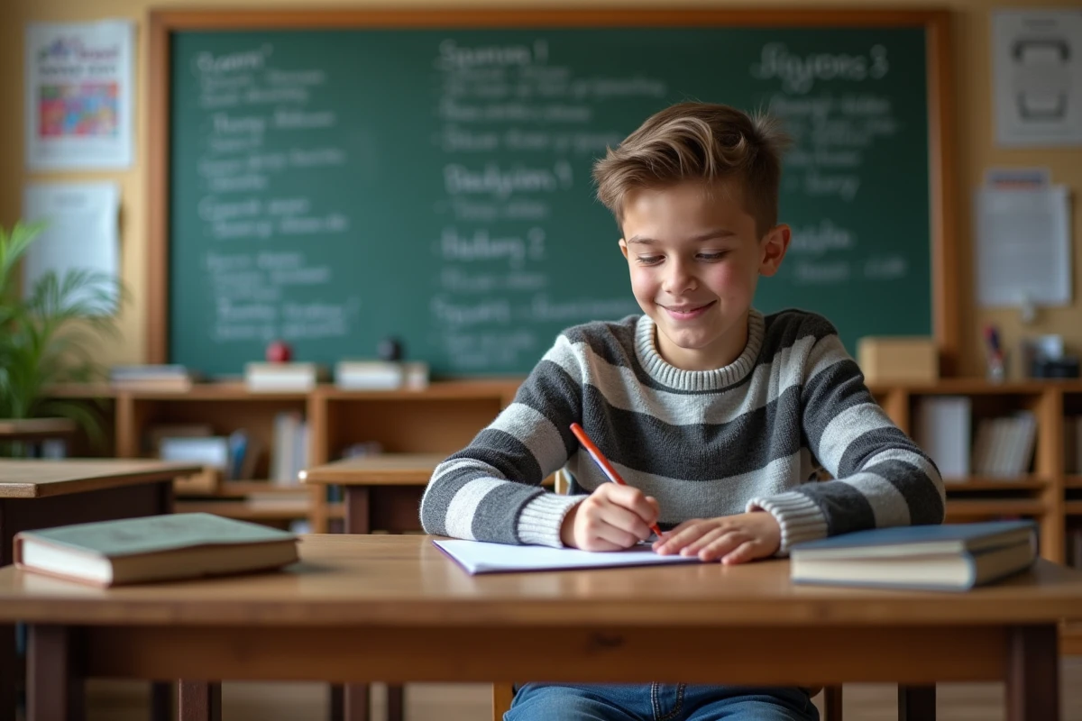 Adolescent en classe écrivant en espagnol avec sourire