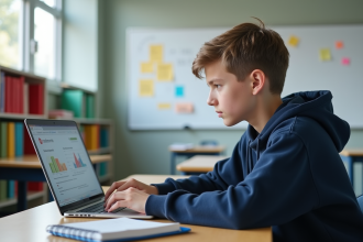 Jeune adolescent en classe avec ordinateur portable
