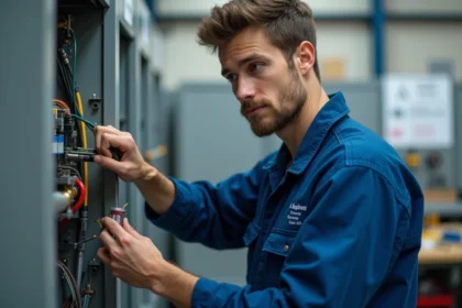 Jeune homme en bleu travaillant sur un panneau électrique