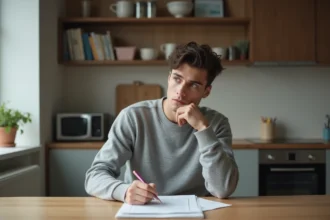 Jeune homme pensif étudiant son diplôme dans une cuisine moderne