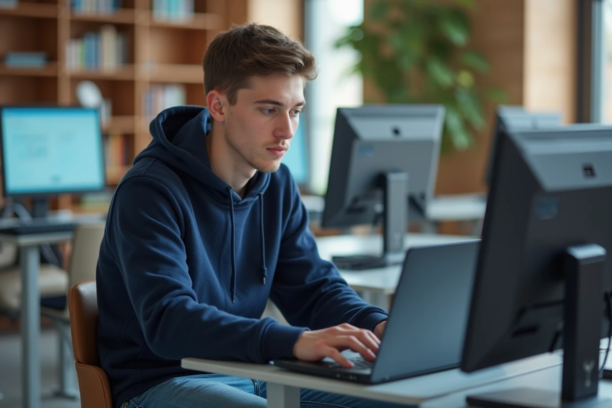 Jeune étudiant en hoodie naviguant sur son ordinateur portable