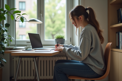 Jeune étudiante assise à son bureau en appartement étudiant