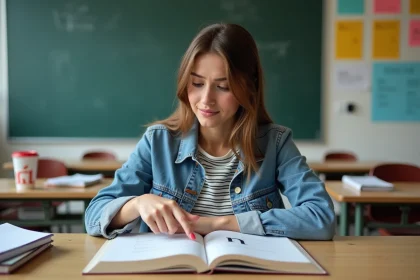 Jeune femme en classe regardant un livre avec la lettre ñ