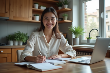 Jeune femme étudiante en cuisine avec livres et ordinateur