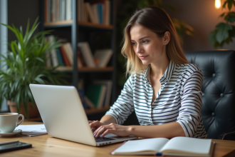 Jeune femme au bureau regardant un site d'alternance