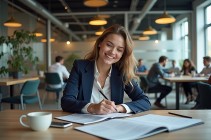 Jeune femme en blazer au bureau avec documents