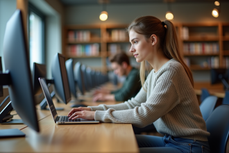 Jeune femme concentrée sur son ordinateur dans un laboratoire moderne