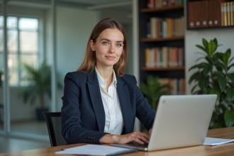 Jeune femme en blazer navy travaillant sur son ordinateur