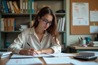 Jeune femme concentrée prenant des notes dans un bureau scolaire